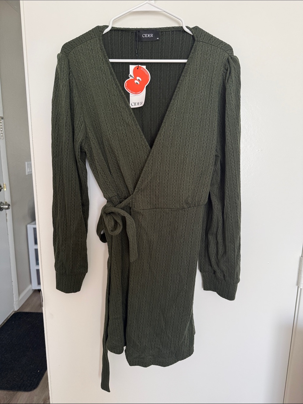 Cider Olive Wrap Knit Long-Sleeve Dress